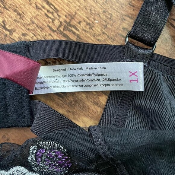Adore Me Emilie Bralette 1X Black Floral Embroidered Sheer Mesh Wire Free Bra - Picture 9 of 9